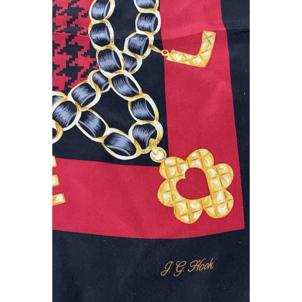JG Hook vintage silk square scarf red black houndstooth chain link 32